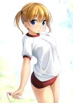  1girl :o bangs blonde_hair blue_eyes blurry blurry_background buruma commentary_request depth_of_field eyebrows_visible_through_hair gym_shirt gym_uniform hair_between_eyes highres holding jump_rope looking_at_viewer original parted_lips puffy_short_sleeves puffy_sleeves red_buruma shibacha shirt short_sleeves short_twintails sidelocks solo standing twintails white_shirt 