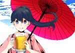  1girl alcohol beer beer_mug black_hair blue_eyes blue_sky clouds commentary_request high_ponytail highres houshou_(kantai_collection) japanese_clothes kantai_collection kimono long_hair looking_at_viewer oriental_umbrella pako_(pousse-cafe) pink_kimono red_umbrella sky solo tasuki tongue tongue_out umbrella upper_body 
