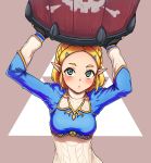  1girl :&lt; arms_up barrel black_gloves blonde_hair blush breasts carrying_overhead closed_mouth fingerless_gloves forehead gloves hair_ornament hairclip highres long_sleeves looking_at_viewer medium_breasts pointy_ears princess_zelda purple_background radioneet short_hair solo the_legend_of_zelda the_legend_of_zelda:_breath_of_the_wild the_legend_of_zelda:_breath_of_the_wild_2 triforce two-tone_background upper_body 