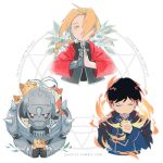  3boys alphonse_elric amestris_military_uniform animal armor artist_name automail black_coat black_hair blonde_hair braid cat chibi closed_eyes coat commentary edward_elric english_commentary expressionless fire flower frown fullmetal_alchemist gloves hair_over_one_eye hand_on_own_chest hands_together holding holding_animal holding_cat instagram_username lowres male_focus military military_uniform multiple_boys orange_cat red_coat roy_mustang simple_background too_many too_many_cats tumblr_username twitter_username uniform upper_body white_background white_cat white_flower white_gloves yuerise 