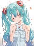  1girl anemone_(flower) bandaid bandaid_on_arm bare_arms bare_shoulders blue_hair blue_nails breasts broken_heart commentary_request crying curly_hair dress envelope fingernails flower frilled_dress frills hair_flower hair_ornament hatsune_miku head_tilt heart highres holding holding_envelope holding_letter hoshikawarai letter long_hair petals red_flower ribbon shiny shiny_hair simple_background sleeveless sleeveless_dress small_breasts smile solo tears twintails upper_body very_long_hair vocaloid white_background white_dress white_ribbon 