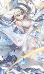  1girl :d bangs bare_shoulders blonde_hair blush breasts bridal_veil bride dress elbow_gloves eyebrows_visible_through_hair fate/grand_order fate_(series) floating_hair flower gloves hair_between_eyes headpiece holding jeanne_d&#039;arc_(fate) jeanne_d&#039;arc_(fate)_(all) jewelry kousaki_rui large_breasts long_hair looking_at_viewer necklace open_mouth petals sapphire_(gemstone) see-through sidelocks smile solo veil very_long_hair wedding_dress white_dress white_gloves wind 