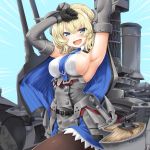  1girl :d armpits bangs black_gloves blonde_hair blue_eyes blue_neckwear blush breasts buttons capelet colorado_(kantai_collection) commentary_request cowboy_shot dd_(ijigendd) dress elbow_gloves eyebrows_visible_through_hair garrison_cap gloves grey_dress hair_between_eyes hat headgear highres kantai_collection large_breasts looking_at_viewer necktie open_mouth pantyhose pleated_dress rigging shirt short_hair side_braids sideboob sleeveless smile smokestack solo standing turret white_shirt 