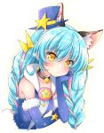  1girl animal_ear_fluff animal_ears black_choker blue_gloves blue_hair blue_headwear braid brooch cat_ears choker collarbone cure_cosmo elbow_gloves eyebrows_visible_through_hair gloves hat jewelry kawanobe long_hair looking_at_viewer magical_girl precure solo star star_twinkle_precure twin_braids twintails twitter_username upper_body yellow_eyes yuni_(precure) 