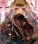  1girl altair_(re:creators) black_coat closed_mouth floating_hair gloves grey_gloves highres long_hair looking_at_viewer military_coat re:creators red_eyes shiny shiny_hair silver_hair smile solo standing upper_body user_kmpu3552 very_long_hair 