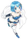  1girl blue_eyes blue_hair blush cape dutch_angle endo_(makaron) from_behind gloves looking_at_viewer magical_girl mahou_shoujo_madoka_magica midriff miki_sayaka short_hair smile solo standing standing_on_one_leg thigh-highs white_background white_gloves white_legwear 