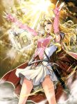  1girl absurdres ahoge armor bangs belt blonde_hair blue_eyes book breasts cape clouds cloudy_sky elbow_gloves fingerless_gloves fire_emblem fire_emblem:_hasha_no_tsurugi fire_emblem_cipher floating floating_object gloves hairband hands_up highres long_hair magic medium_breasts official_art open_book open_mouth outdoors parted_bangs pink_gloves scan sheath shoulder_armor shoulder_pads skirt sky sleeveless solo sparkle sunlight sword teeth tiena weapon white_skirt yamada_koutarou 