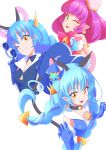  1girl ;) animal_ear_fluff animal_ears bell black_choker blue_cat blue_gloves blue_hair blue_headwear brooch cat_ears choker cure_cosmo elbow_gloves eyebrows_visible_through_hair eyewear_removed gloves green_eyes hat headwear_removed highres jewelry long_hair looking_at_viewer magical_girl mao_(precure) mini_hat one_eye_closed open_mouth pink_hair pointy_ears precure shiruppo short_hair smile star star_twinkle_precure sunglasses twintails yellow_eyes yuni_(precure) 