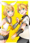  1boy 1girl :d bangs belt_buckle black_shorts black_sleeves blonde_hair blue_eyes blush bow brother_and_sister buckle collarbone crop_top detached_sleeves grey_sailor_collar groin hair_bow highres holding_hands kagamine_len kagamine_rin looking_at_viewer midriff multicolored multicolored_eyes nail_polish navel neckerchief nekosakana open_mouth sailor_collar shiny shiny_hair shirt short_hair short_shorts short_sleeves shorts siblings sleeveless sleeveless_shirt smile stomach swept_bangs two-tone_background vocaloid white_background white_bow white_shirt yellow_background yellow_eyes yellow_nails yellow_neckwear 