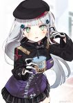 1girl bangs beret black_headwear black_skirt blurry blurry_background blush breasts bubble_tea commentary_request copyright_name cup depth_of_field disposable_cup drinking_straw eyebrows_behind_hair facial_mark floating_hair girls_frontline gloves green_eyes hair_ornament hands_up hat hk416_(girls_frontline) holding holding_cup jacket kawaii_rowa long_hair long_sleeves looking_at_viewer medium_breasts parted_lips pleated_skirt purple_jacket silver_hair skindentation skirt solo twitter_username very_long_hair white_gloves 