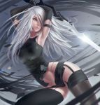  1girl android arms_up black_legwear blue_eyes boots commentary feathers garter_straps highres joints long_hair looking_away nier_(series) nier_automata silver_hair solo sword thigh-highs thigh_boots torn_clothes uruka_18 weapon yorha_type_a_no._2 