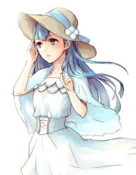  1girl alternate_costume blue_eyes blue_hair dress fire_emblem fire_emblem_echoes:_mou_hitori_no_eiyuuou hat linea_(fire_emblem) long_hair parted_lips robaco simple_background solo sun_hat twitter_username upper_body white_background white_dress 