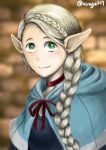  absurdres blue_capelet blue_dress bow braid capelet dress dungeon_meshi green_eyes highres kirby813 looking_at_viewer marcille platinum_blonde_hair pointy_ears red_bow red_neckwear smile 