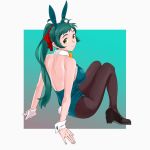 1girl alternate_costume animal_ears antenna_hair ass back bangs bare_shoulders blush bow bowtie breasts brown_legwear bunny_tail bunnysuit closed_mouth commentary_request detached_collar eyebrows_visible_through_hair fake_animal_ears from_behind full_body green_eyes green_hair hair_ribbon high_heels highres irako_(kantai_collection) kantai_collection large_breasts leotard long_hair looking_at_viewer ojipon pantyhose ponytail rabbit_ears red_ribbon ribbon sideboob simple_background sitting smile solo strapless strapless_leotard tail wrist_cuffs 
