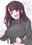  1girl 2poet bangs blush breasts clenched_hands eyebrows_visible_through_hair girls_frontline korean_text long_hair looking_at_viewer navel purple_hair simple_background solo sweater teeth translation_request wa2000_(girls_frontline) white_background 