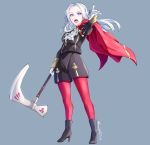  1girl absurdres axe blonde_hair blue_eyes cape cravat edelgard_von_hresvelgr_(fire_emblem) fire_emblem fire_emblem:_three_houses full_body gloves grimmelsdathird hair_ornament hair_ribbon highres long_hair looking_at_viewer open_mouth pantyhose red_cape ribbon short_hair simple_background solo uniform weapon white_background 