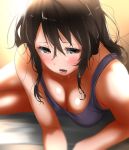  1girl alternate_costume ashigara_(kantai_collection) blush brown_eyes brown_hair eyebrows_visible_through_hair gradient gradient_background hair_between_eyes highres kantai_collection long_hair looking_at_viewer no_bra open_mouth purple_shirt shirt solo tama_(seiga46239239) wavy_hair 