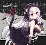  1girl animal animal_ear_fluff animal_ears argyle argyle_background bangs bare_shoulders bat black_bow black_dress black_hairband blush bow breasts bridal_gauntlets cat_ears cat_girl closed_mouth commentary_request dress eyebrows_visible_through_hair finger_to_mouth fingernails frilled_hairband frills hair_between_eyes hairband heart large_breasts long_hair looking_at_viewer looking_to_the_side mitsuba_choco nail_polish original red_eyes red_nails red_ribbon ribbon silver_hair solo strapless strapless_dress tail tail_raised tail_ribbon very_long_hair 