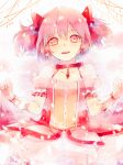  1girl arms_at_sides blurry blush bokeh breasts bubble_skirt choker collarbone commentary depth_of_field english_commentary eyebrows_visible_through_hair frilled_skirt frills gloves glowing hair_ribbon kaname_madoka light_smile looking_at_viewer mahou_shoujo_madoka_magica parted_lips petals pink_eyes pink_hair puffy_short_sleeves puffy_sleeves red_choker red_neckwear red_ribbon ribbon shiu_(pika) short_hair short_sleeves short_twintails skirt small_breasts solo soul_gem teeth twintails upper_body upper_teeth white_gloves 
