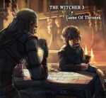  2boys a_song_of_ice_and_fire armor artist_request beard brown_hair card crossover facial_hair geralt_of_rivia gloves imp long_hair male_focus multiple_boys scar scar_across_eye silver_hair smile table the_witcher the_witcher_3 tyrion_lannister white_hair yellow_eyes 