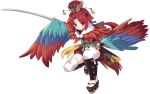  1girl bangs benienma_(fate/grand_order) bird_hat blue_wings bridal_gauntlets commentary_request eyebrows_visible_through_hair fate/grand_order fate_(series) feathers full_body hat holding holding_sword holding_weapon japanese_clothes katana leg_armor looking_at_viewer low_ponytail multicolored multicolored_wings platform_footwear purple_wings red_eyes red_wings redhead sheath shiseki_hirame simple_background solo sword thigh-highs weapon white_background wide_sleeves wings 