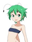  1girl :d antennae bandeau bangs bare_shoulders blush breasts cato_(monocatienus) commentary_request green_eyes green_hair hair_between_eyes looking_at_viewer midriff open_mouth short_hair simple_background small_breasts smile solo touhou upper_body white_background wriggle_nightbug 