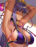 1girl amakaze armpits arms_behind_head arms_up bb_(fate)_(all) bb_(swimsuit_mooncancer)_(fate) bikini blush bracelet breasts collarbone fate/grand_order fate_(series) grin hair_between_breasts hair_between_eyes highres jewelry large_breasts light_rays long_hair looking_at_viewer oekaki purple_bikini purple_hair shiny shiny_hair sideboob smile solo swimsuit tan tiara upper_body violet_eyes 