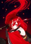  1girl artist_name black_gloves breasts cape closed_mouth commentary elbow_gloves floating_hair gloves highres holding holding_sword holding_weapon horns katana leaf long_hair maple_leaf original red_cape red_eyes redhead satellite12 simple_background sleeveless solo swing sword very_long_hair weapon 