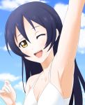  1girl arm_up armpits ascii_media_works bangs bikini blue_hair blue_sky blush bushiroad clouds eyebrows_visible_through_hair hair_between_eyes kimikagem9_(erementargerad) long_hair looking_at_viewer love_live! love_live!_school_idol_project one_eye_closed open_mouth outdoors sky smile solo sonoda_umi sunrise_(studio) sweat swimsuit tokyo_mx upper_body white_bikini yellow_eyes 