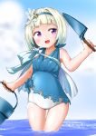 1girl blue_hair blue_sky bucket clouds day fire_emblem fire_emblem_heroes flower gradient_hair hair_flower hair_ornament hairband holding lillian8710 multicolored_hair one-piece_swimsuit open_mouth outdoors short_hair sky solo swimsuit violet_eyes wading water white_hair ylgr_(fire_emblem_heroes) 