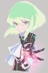  1boy black_gloves black_jacket cravat gloves green_hair half_gloves jacket light_oooo lio_fotia looking_at_viewer male_focus outstretched_hand promare solo violet_eyes 