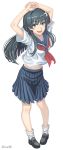  1girl absurdres arms_on_head arms_up black_hair blue_sailor_collar blue_skirt brown_footwear flower green_eyes hair_flower hair_ornament highres jinrai_(owl12) loafers long_hair long_sleeves neckerchief pleated_skirt red_neckwear sailor_collar sakugawa_school_uniform saten_ruiko school_uniform serafuku shoes simple_background skirt socks solo to_aru_kagaku_no_railgun to_aru_majutsu_no_index twitter_username white_background white_legwear 