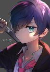  1boy black_hoodie blue_eyes blue_hair collared_shirt freckles frown hair_over_one_eye holding holding_weapon kirisaki_ramiru kuji_toi looking_at_viewer male_focus necktie red_neckwear sarazanmai school_uniform shirt simple_background solo upper_body weapon 