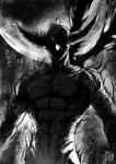  1boy abs arms_at_sides artist_name aura backlighting bandages chest dark full_moon garou_(one-punch_man) greyscale highres male_focus monochrome moon muscle night one-punch_man outdoors pectorals scar scarf solo spoilers stomach the_golden_smurf upper_body 