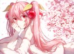  1girl bare_shoulders branch cherry cherry_blossoms cherry_hair_ornament commentary deep_(deep4946) detached_sleeves falling_petals flower food food_themed_hair_ornament fruit hair_ornament hand_on_own_cheek hatsune_miku head_rest highres long_hair looking_at_viewer lying necktie on_stomach petals pink_eyes pink_hair sakura_miku shirt shoulder_tattoo skirt sleeveless sleeveless_shirt smile solo tattoo twintails very_long_hair vocaloid white_background white_shirt white_skirt white_sleeves 