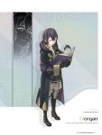  1girl absurdres bangs black_hair book character_name cloak detached_sleeves fire_emblem fire_emblem:_kakusei full_body highres holding holding_book hood hood_down hooded_cloak kozaki_yuusuke long_sleeves looking_at_viewer mark_(female)_(fire_emblem) official_art open_book page_number pants parted_lips shiny shiny_hair solo standing 