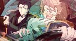  2boys black_hair blonde_hair driving epaulettes facial_hair fate/grand_order fate_(series) formal gloves goldorf_musik hair_slicked_back male_focus multiple_boys mustache panicking sherlock_holmes_(fate/grand_order) steering_wheel suit white_gloves yuki_1217k 