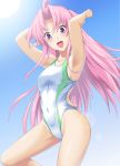  1girl alicesoft arms_behind_head blue_sky breasts collarbone commentary_request competition_swimsuit covered_navel cowboy_shot eyebrows_visible_through_hair gradient_sky highleg highleg_swimsuit liliam_mcbarn long_hair looking_at_viewer mottio one-piece_swimsuit pastel_chime_3 pink_eyes pink_hair pointy_ears sky small_breasts solo sun swimsuit violet_eyes white_swimsuit 