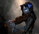  1girl android blue_eyes glowing glowing_eyes highres instrument light_rays looking_away mecha_musume mechanical_arm metallic_skin music no_mouth original playing_instrument robot sunbeam sunlight user_urmt5588 violin 