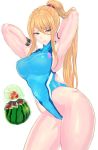  1girl 1other arms_behind_head blonde_hair blue_eyes blue_swimsuit breasts competition_swimsuit cowboy_shot food fruit high_ponytail highleg highleg_swimsuit large_breasts long_hair metroid metroid_(creature) one-piece_swimsuit panzer ponytail samus_aran simple_background skin_tight swimsuit turtleneck watermelon white_background wristband 