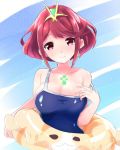  1girl beach breasts covered_navel earrings gem headpiece pyra_(xenoblade) jewelry large_breasts looking_at_viewer madanai_(morisumeshi) one-piece_swimsuit red_eyes redhead short_hair simple_background solo swimsuit tiara tora_(xenoblade) water xenoblade_(series) xenoblade_2 