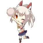  anchor_symbol arm_up ayanami_(azur_lane) azur_lane bangs bare_arms bare_shoulders black_footwear blue_sailor_collar blue_skirt blush boots brown_hair chestnut_mouth chibi commentary_request eyebrows_visible_through_hair full_body hand_up headgear high_ponytail holding holding_instrument instrument knee_boots long_hair memorii_(memory_0w0) midriff music navel one_eye_closed parted_lips playing_instrument pleated_skirt ponytail red_eyes sailor_collar shirt sidelocks simple_background single_sock single_thighhigh skirt sleeveless sleeveless_shirt socks tambourine thigh-highs white_background white_legwear white_shirt yellow_neckwear 