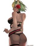  1girl absurdres ass black_swimsuit breasts dark_skin earrings fire_emblem fire_emblem_heroes flower from_behind green_hair hair_flower hair_ornament highres jewelry laegjarn_(fire_emblem_heroes) large_breasts looking_back parted_lips red_eyes sarong see-through short_hair simple_background solo swimsuit the_kingduke twitter_username white_background 