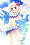  1girl arms_up bare_arms bare_shoulders bikini blonde_hair blue_bikini blue_sky breasts clouds cloudy_sky collarbone commentary_request day fate/kaleid_liner_prisma_illya fate_(series) floating_hair flower frilled_bikini frills hair_flower hair_ornament highres holding holding_towel illyasviel_von_einzbern long_hair navel outdoors petals red_flower sky small_breasts solo swimsuit towel translated very_long_hair youta 