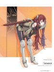  1girl absurdres armor belt bent_over character_name fingerless_gloves fire_emblem fire_emblem:_kakusei frown full_body gloves hands_on_own_thighs highres kozaki_yuusuke long_hair looking_at_viewer official_art page_number redhead selena_(fire_emblem) simple_background solo standing sword twintails weapon 