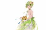  1girl backless_dress backless_outfit blue_ribbon bouquet bow closed_mouth dress flower from_behind green_bow green_eyes green_hair green_ribbon hair_between_eyes hair_bow hair_flower hair_ornament highres holding holding_bouquet kisa_(kisa-kisa5900) layered_dress long_dress looking_at_viewer looking_back macross macross_delta neck_ribbon pointy_ears red_ribbon reina_prowler ribbon short_hair simple_background sleeveless sleeveless_dress smile solo standing strapless strapless_dress wedding_dress white_background white_dress white_flower yellow_flower 