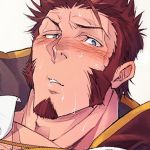  1boy bara beard blue_eyes blush brown_hair censored columns_ke facial_hair fate/grand_order fate_(series) looking_at_viewer male_focus muscle napoleon_bonaparte_(fate/grand_order) open_mouth raised_eyebrows saliva saliva_trail simple_background solo sweatdrop teeth uniform 