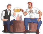  2boys abeberries beard blush bottle brown_hair chest closed_eyes cup drinking_glass facial_hair fate/grand_order fate_(series) hand_on_own_thigh highres long_sleeves male_focus multiple_boys muscle napoleon_bonaparte_(fate/grand_order) pectorals redhead rider_(fate/zero) scar simple_background smile teeth uniform 