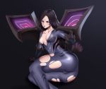 1girl absurdres arm_support asia_maru ass bangs black_hair bodysuit breasts clenched_hand collarbone commentary_request facial_mark gauntlets highres kai&#039;sa league_of_legends lips lipstick long_sleeves makeup medium_breasts open_mouth parted_bangs shiny shiny_clothes shiny_hair shiny_skin simple_background skin_tight solo tears torn_bodysuit torn_clothes violet_eyes 