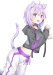 1girl :d ahoge animal_ear_fluff animal_ears blush cat_ears cat_tail collar cowboy_shot crop_top drawstring fang fuji_noyume highres hololive hood hood_down hoodie leaning_forward long_sleeves looking_at_viewer midriff navel nekomata_okayu open_mouth pants paw_pose purple_hair short_hair simple_background smile solo tail tail_raised violet_eyes virtual_youtuber white_background
